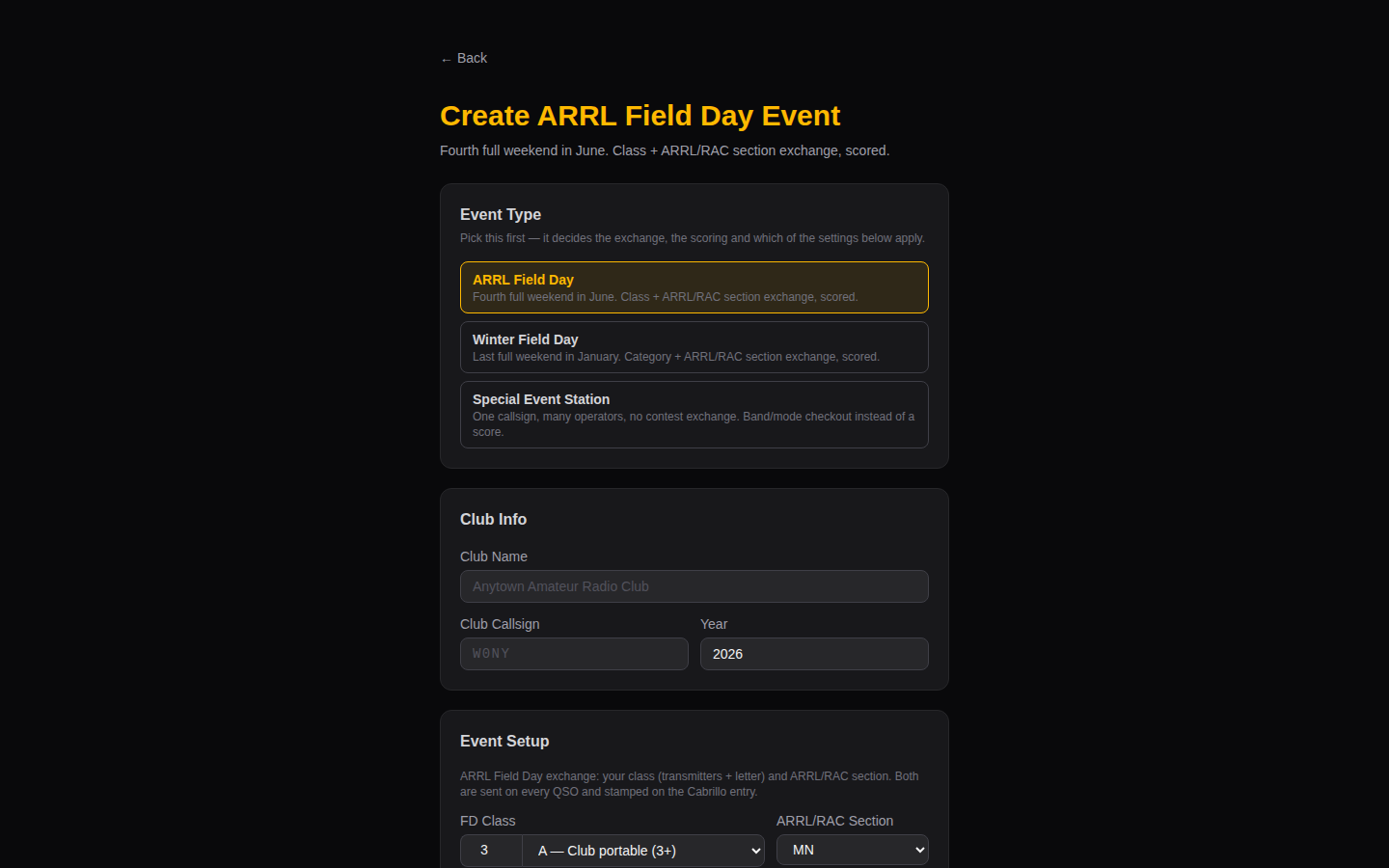 Create Field Day event form: club info, class, section and power category