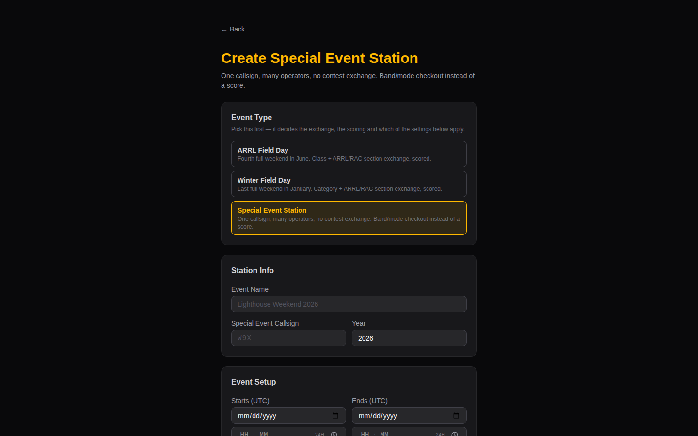 Create Special Event Station form: activation window, coordination and QSL info