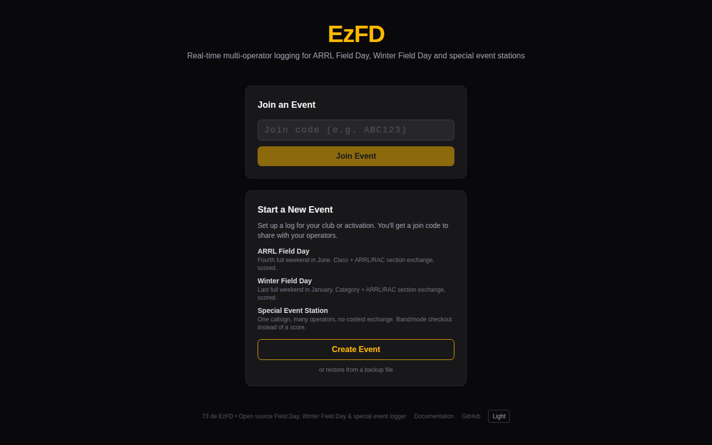 EzFD home page: join an event with a code, or start a new one