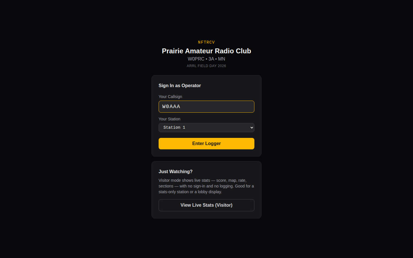 Join screen for an event: enter your callsign, or view visitor stats