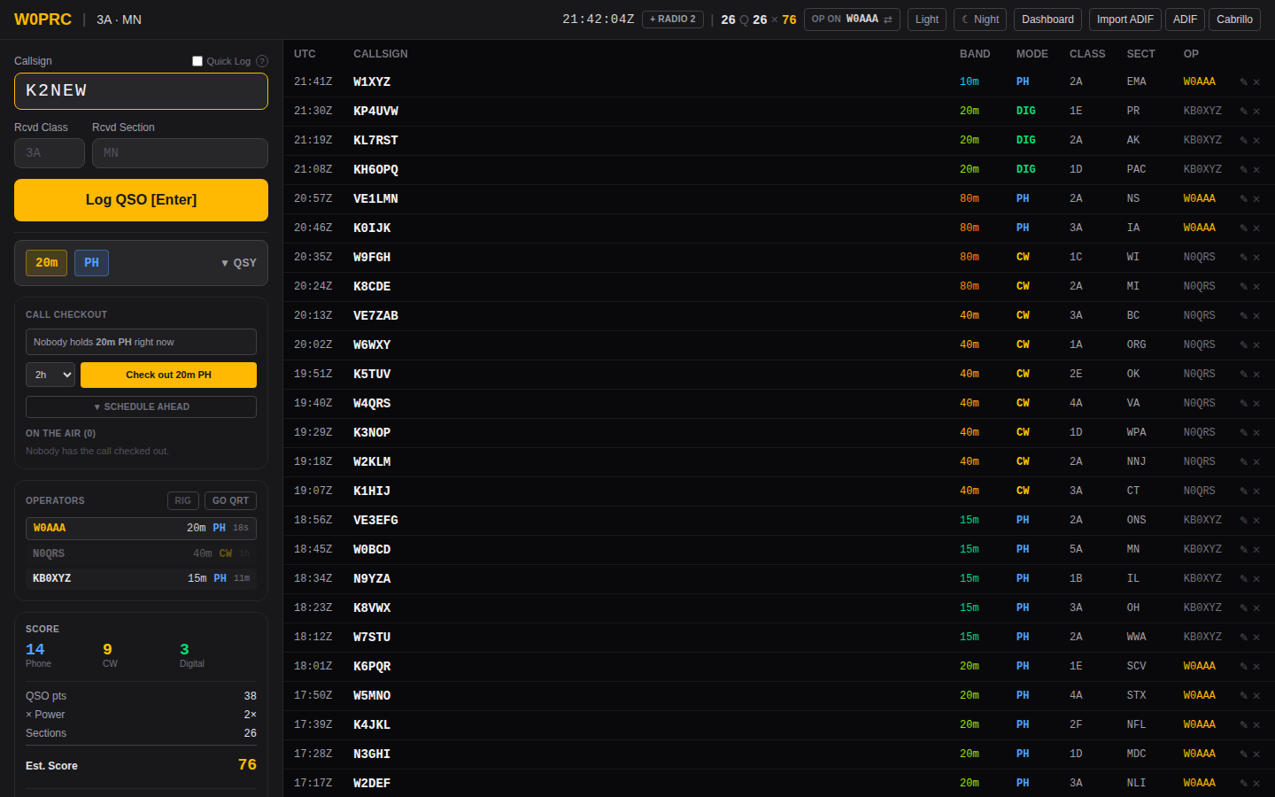 The logging screen: entry form, QSY drawer, operators, score and QSO log