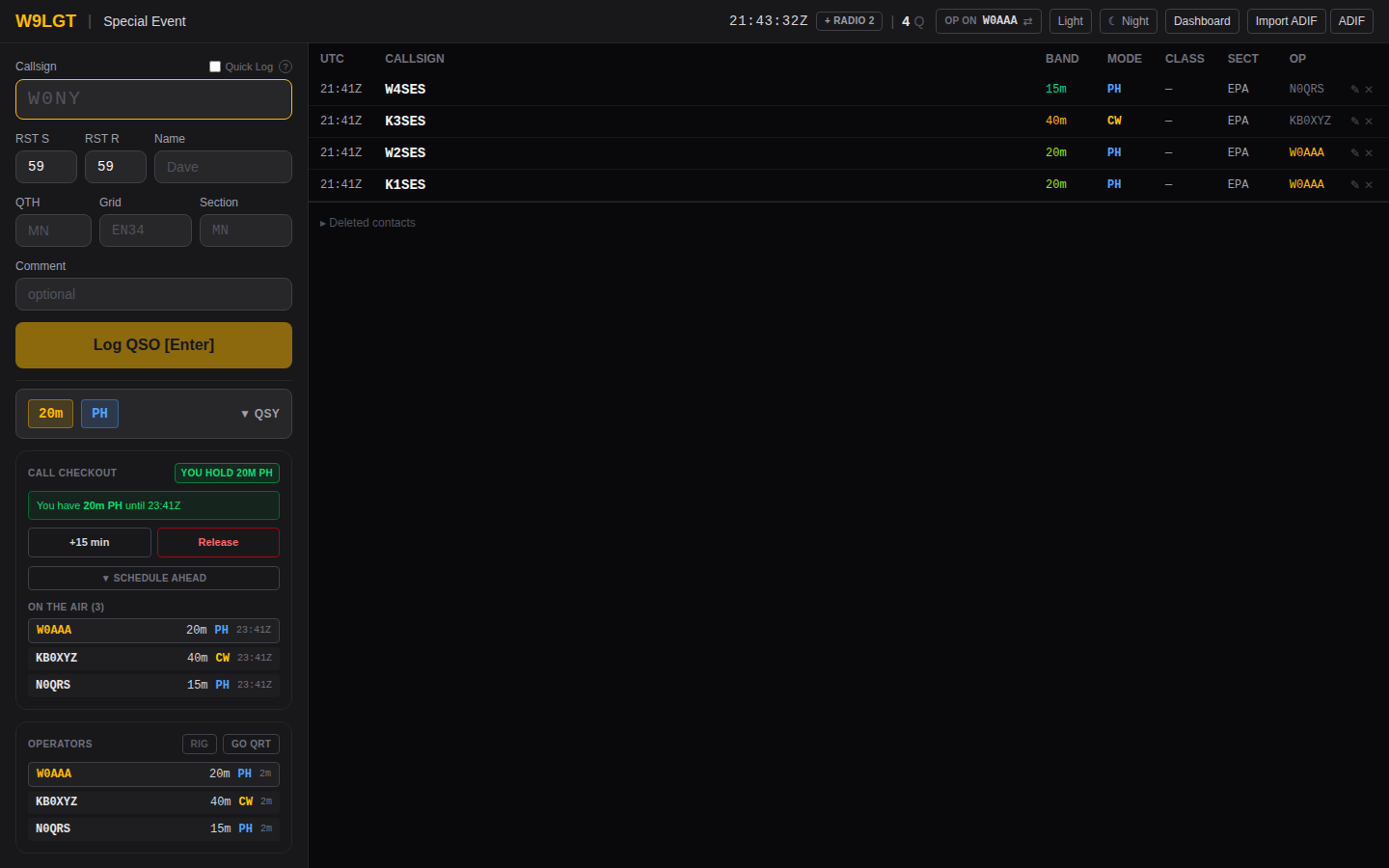 Call Checkout panel: an operator holding 20m PH, with the on-the-air list